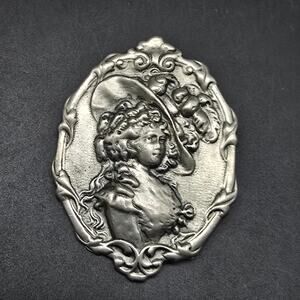 Art Nouveau Pewter Victorian Woman Brooch Silver Plated